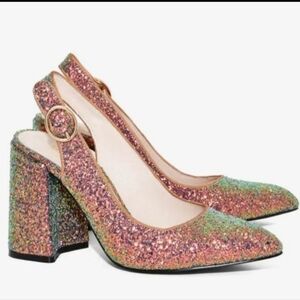 Shelley's LONDON Iridescent Hologram Glitter Multicolor Chunky Heel pumps 9